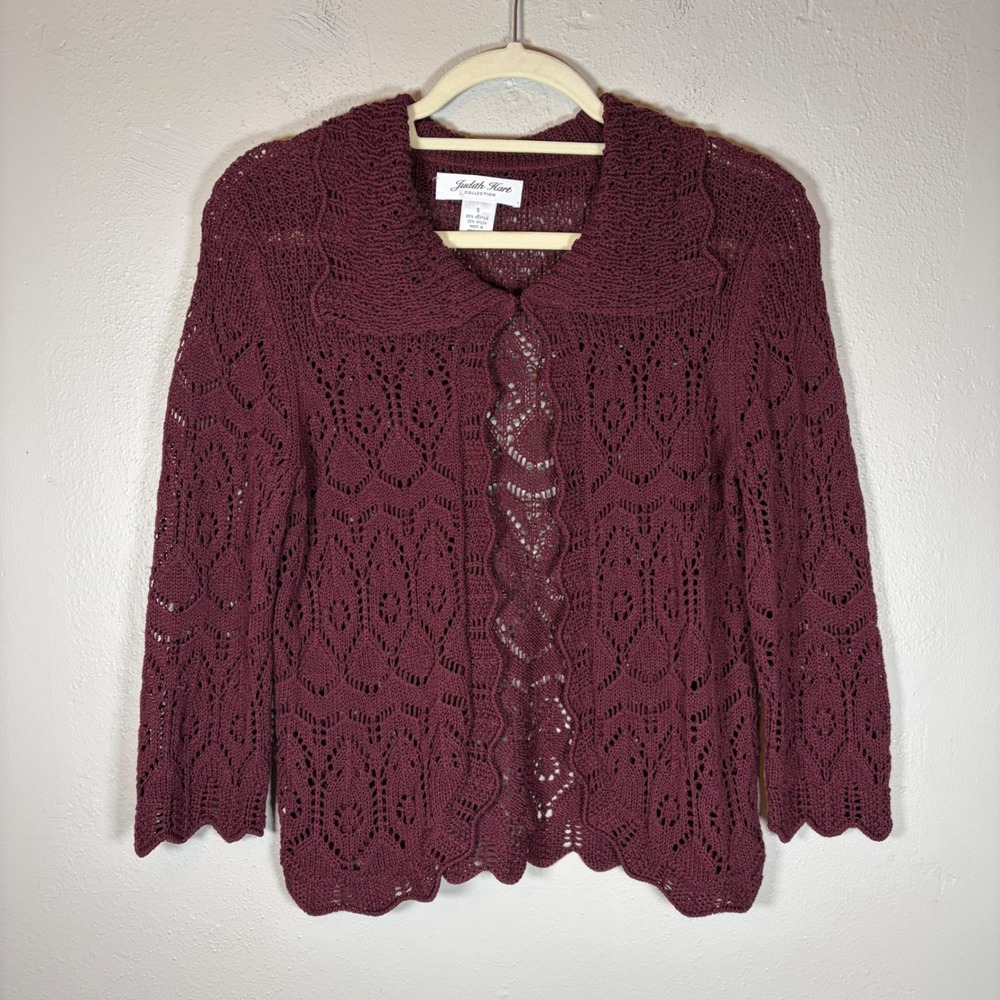 Judith Hart Collection Burgundy Open Knit‎ Crochet Cardigan Sweater Womens Small